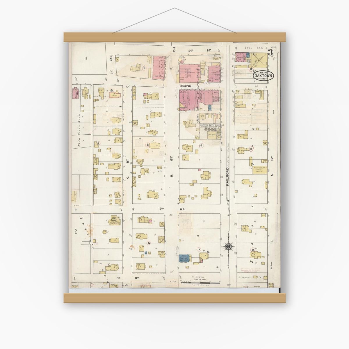Old map wall art mockup — magnetic wood frame on white wall — Sanborn Fire Insurance Map from Oaktown, Knox County, Indiana (1932), Sheet #0003