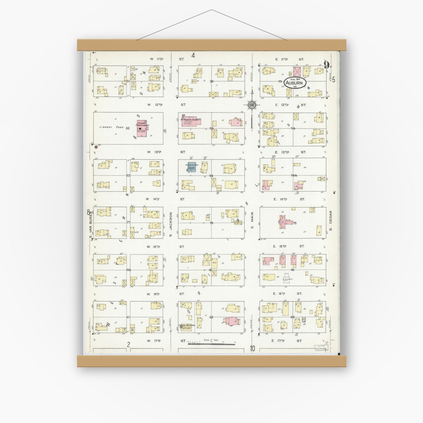 Old map wall art mockup — magnetic wood frame on white wall — Sanborn Fire Insurance Map from Auburn, De Kalb County, Indiana (1914), Sheet #0009
