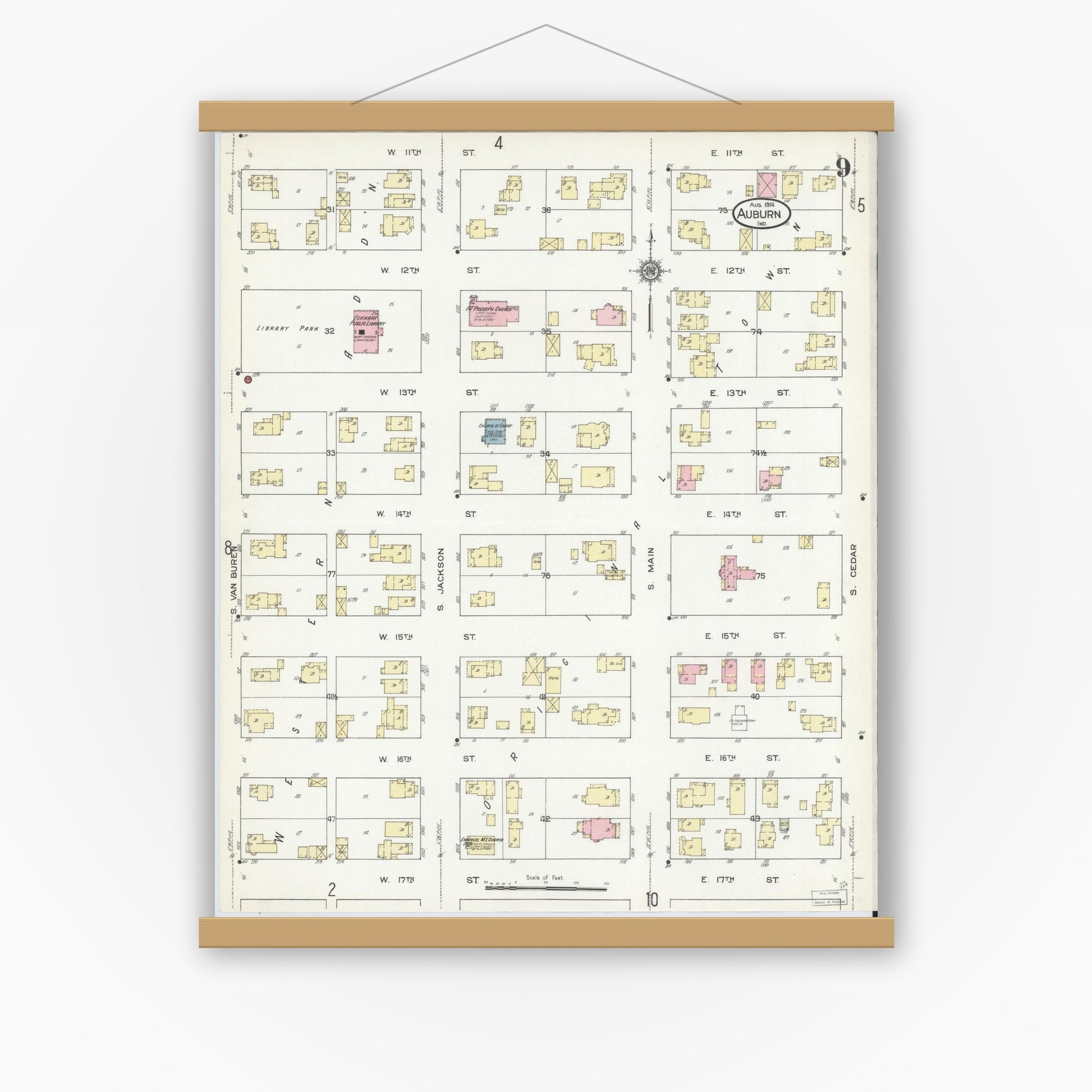 Old map wall art mockup — magnetic wood frame on white wall — Sanborn Fire Insurance Map from Auburn, De Kalb County, Indiana (1914), Sheet #0009