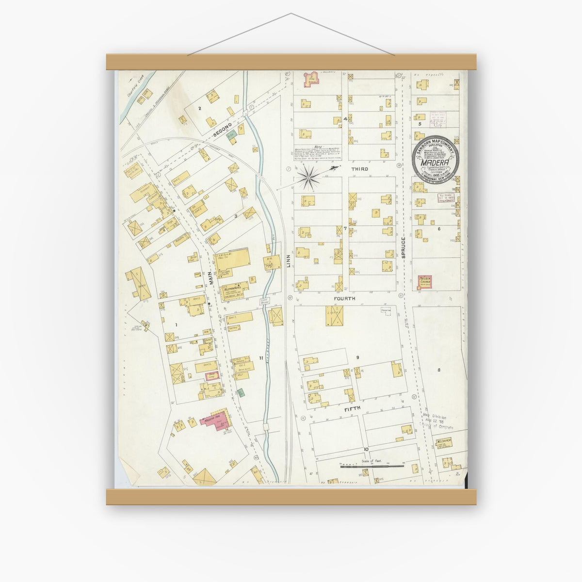 Old map wall art mockup — magnetic wood frame on white wall — Sanborn Fire Insurance Map from Madera, Clearfield County, Pennsylvania (1905), Sheet #0001
