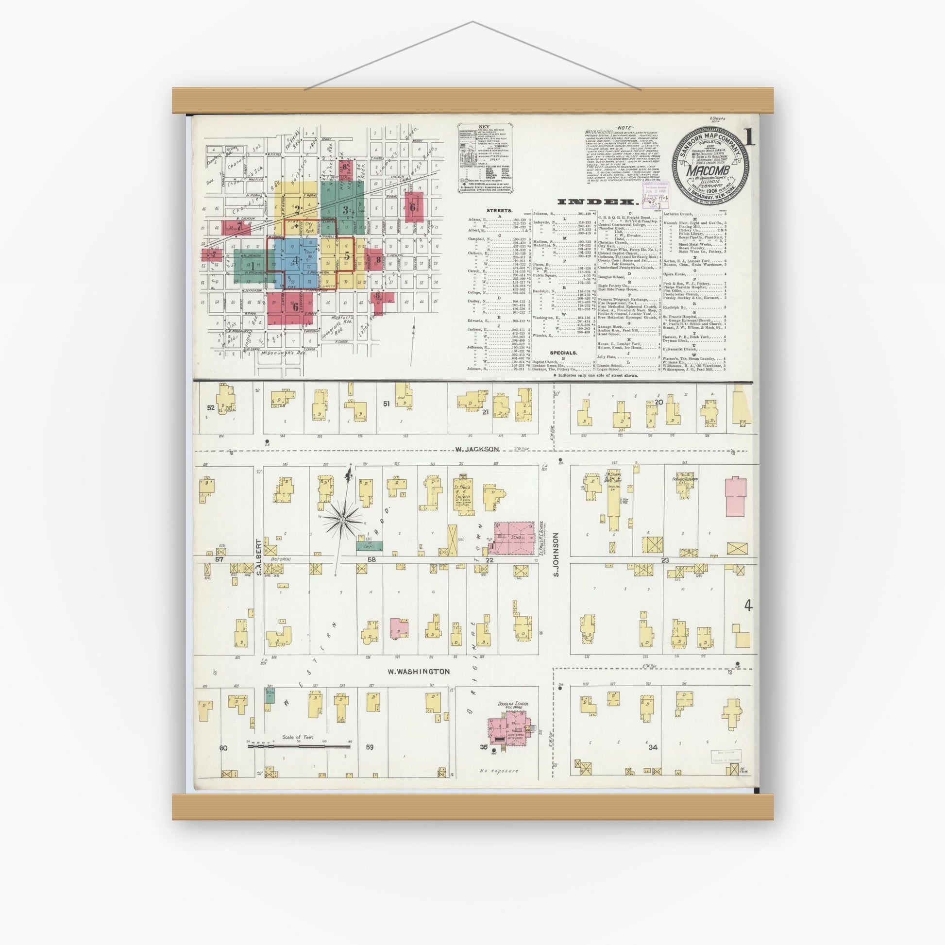 Old map wall art mockup — magnetic wood frame on white wall — Sanborn Fire Insurance Map from Macomb, Mcdonough County, Illinois (1906), Sheet #0001
