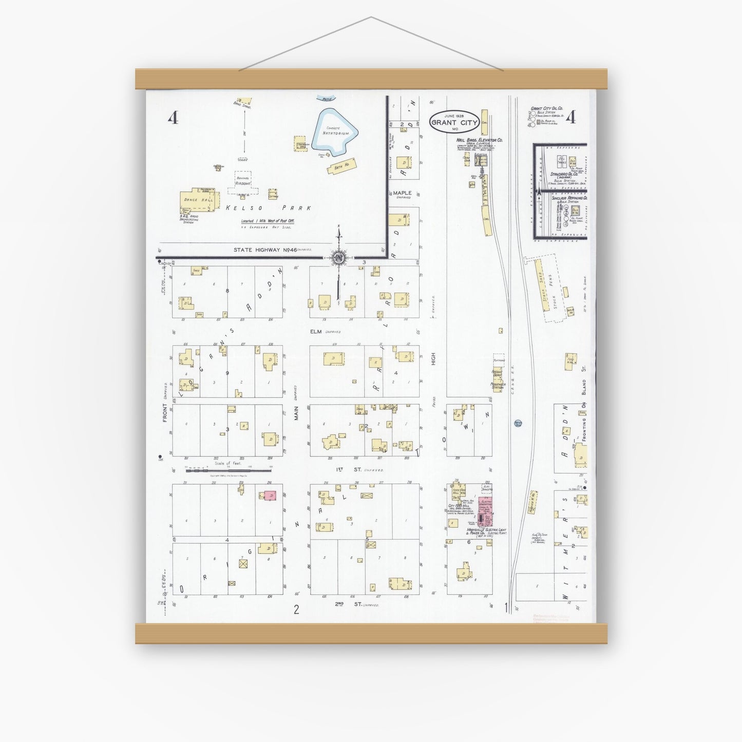 Old map wall art mockup — magnetic wood frame on white wall — Sanborn Fire Insurance Map from Grant City, Worth County, Missouri (1928), Sheet #0004
