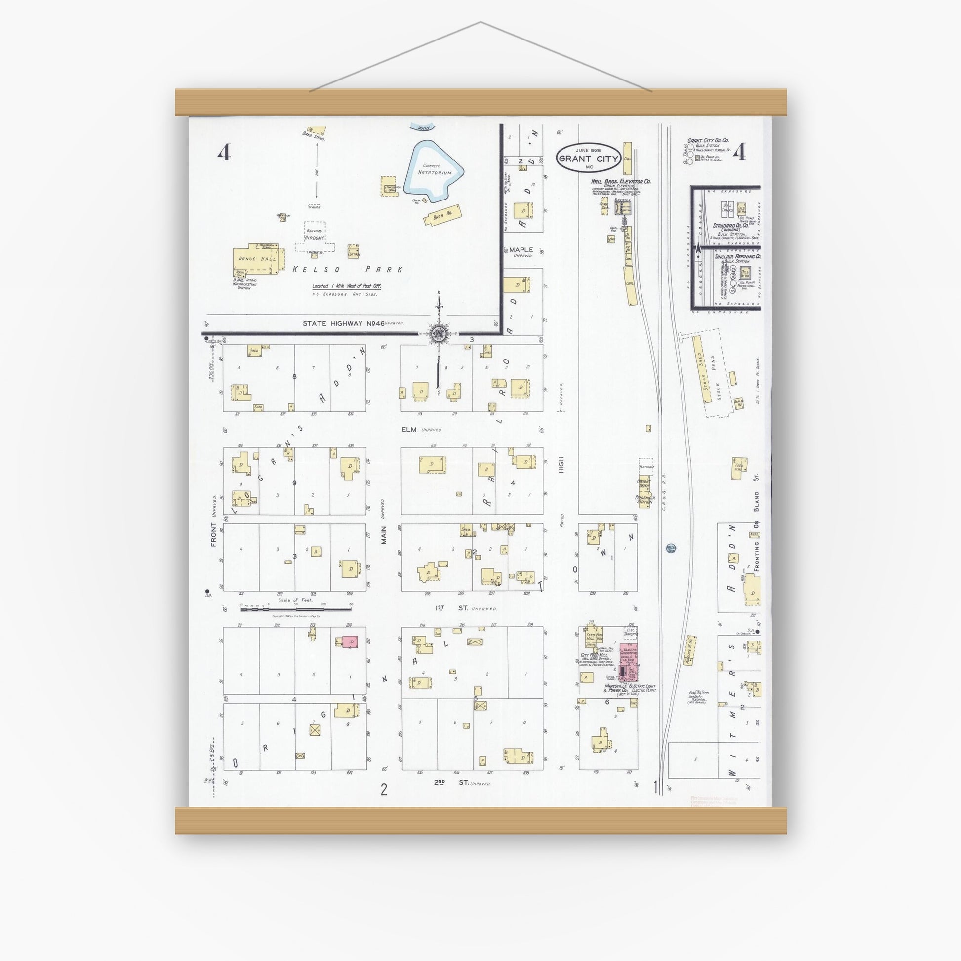 Old map wall art mockup — magnetic wood frame on white wall — Sanborn Fire Insurance Map from Grant City, Worth County, Missouri (1928), Sheet #0004