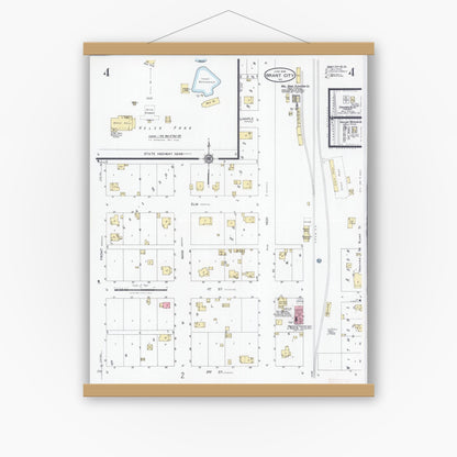 Old map wall art mockup — magnetic wood frame on white wall — Sanborn Fire Insurance Map from Grant City, Worth County, Missouri (1928), Sheet #0004