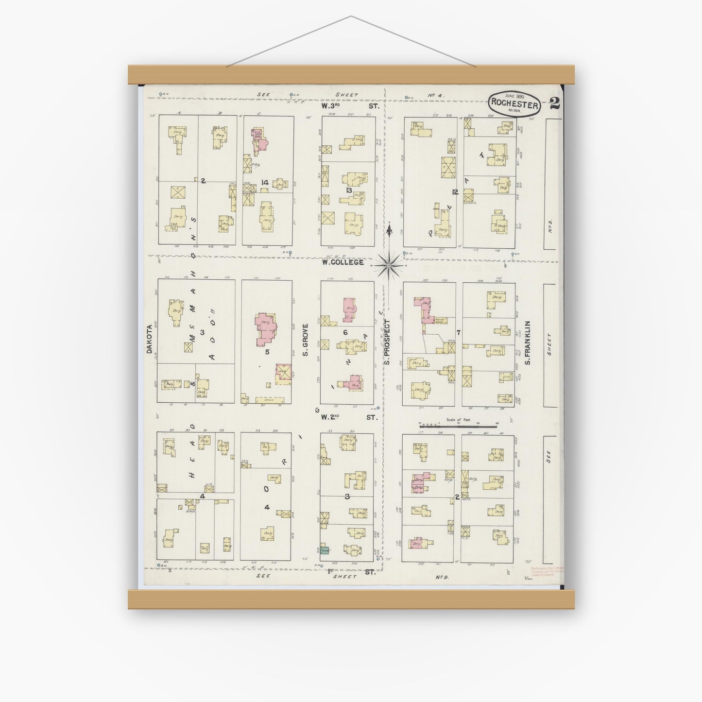 Old map wall art mockup — magnetic wood frame on white wall — Sanborn Fire Insurance Map from Rochester, Olmsted County, Minnesota (1890), Sheet #0002