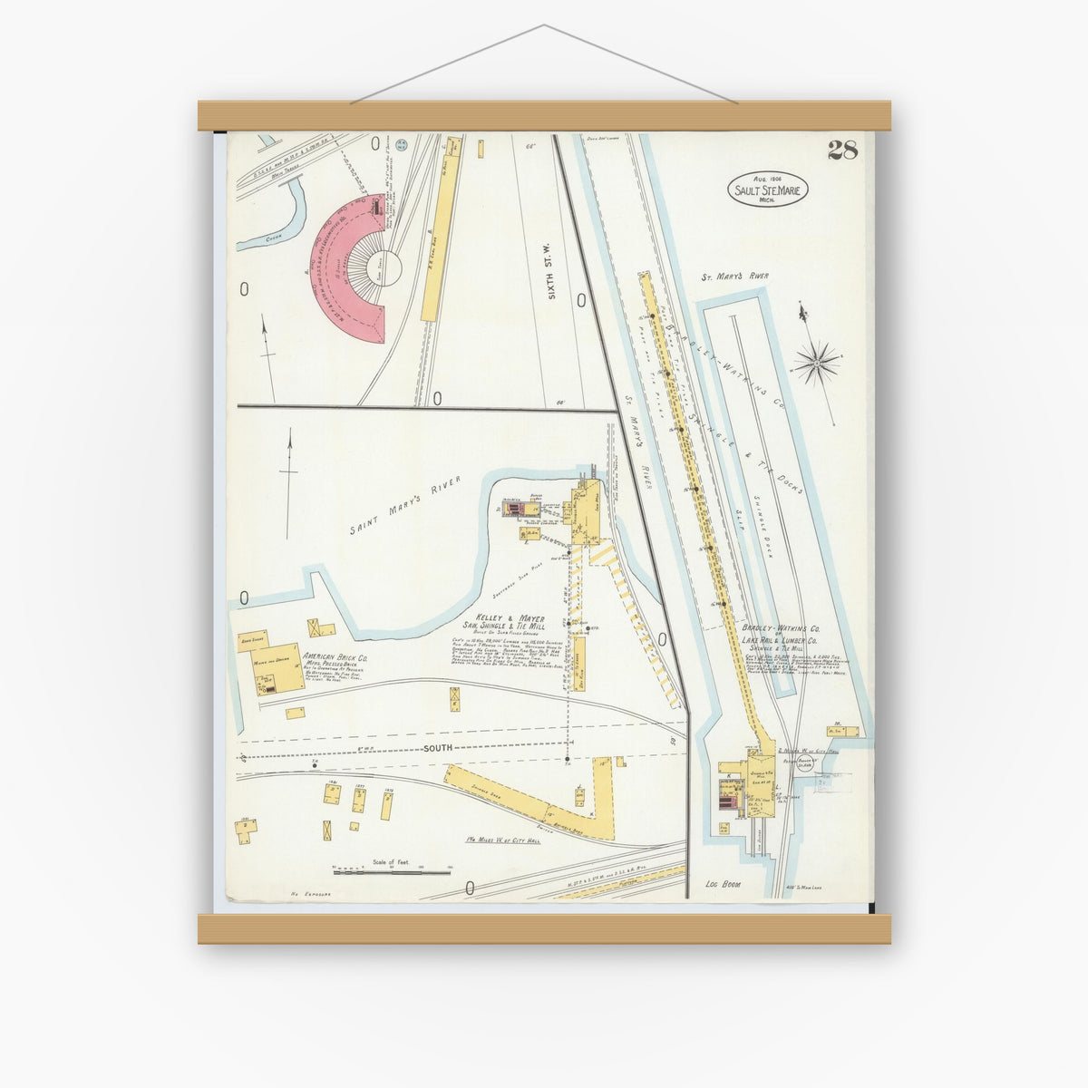 Old map wall art mockup — magnetic wood frame on white wall — Sanborn Fire Insurance Map from Sault Sainte Marie, Chippewa County, Michigan (1906), Sheet #0028