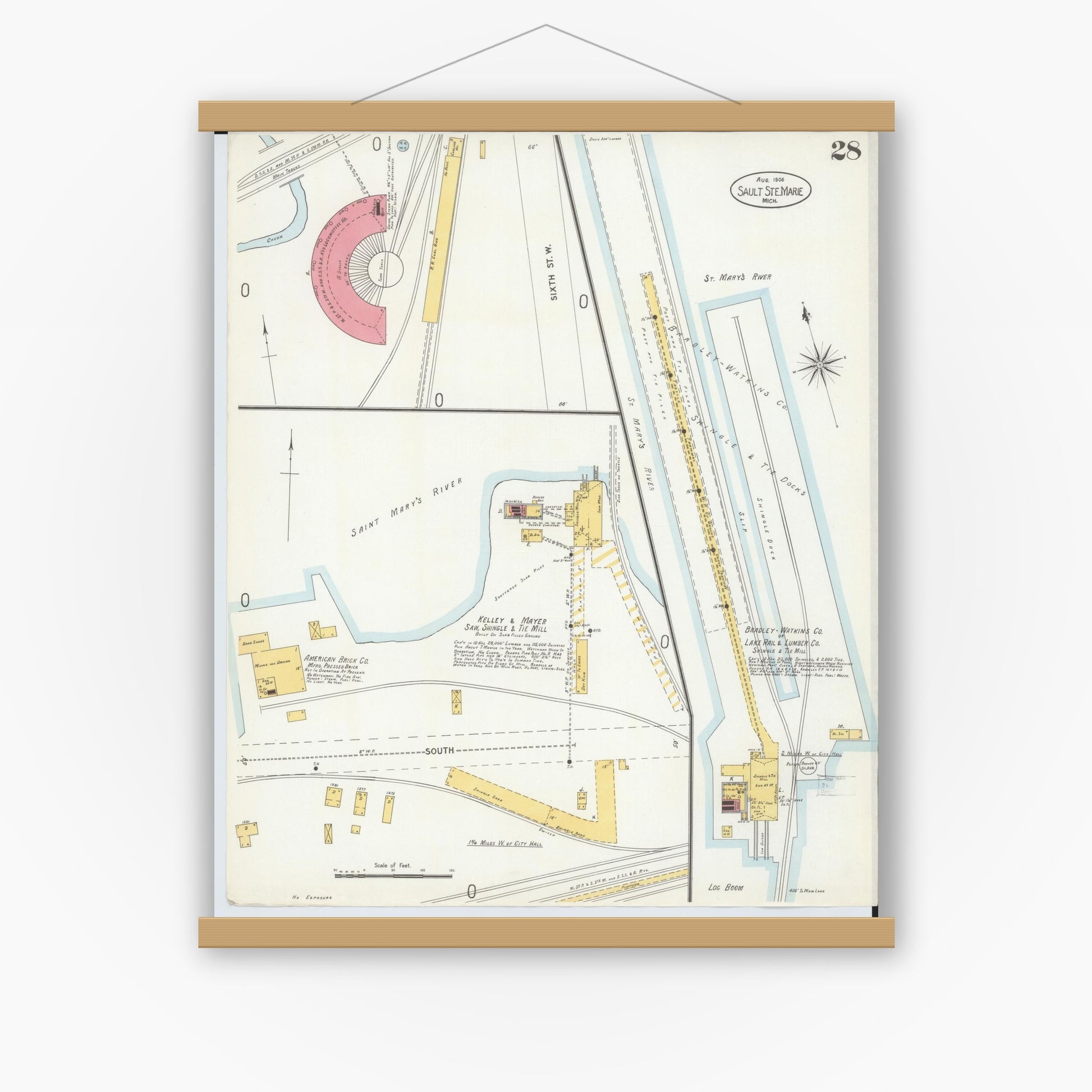 Old map wall art mockup — magnetic wood frame on white wall — Sanborn Fire Insurance Map from Sault Sainte Marie, Chippewa County, Michigan (1906), Sheet #0028