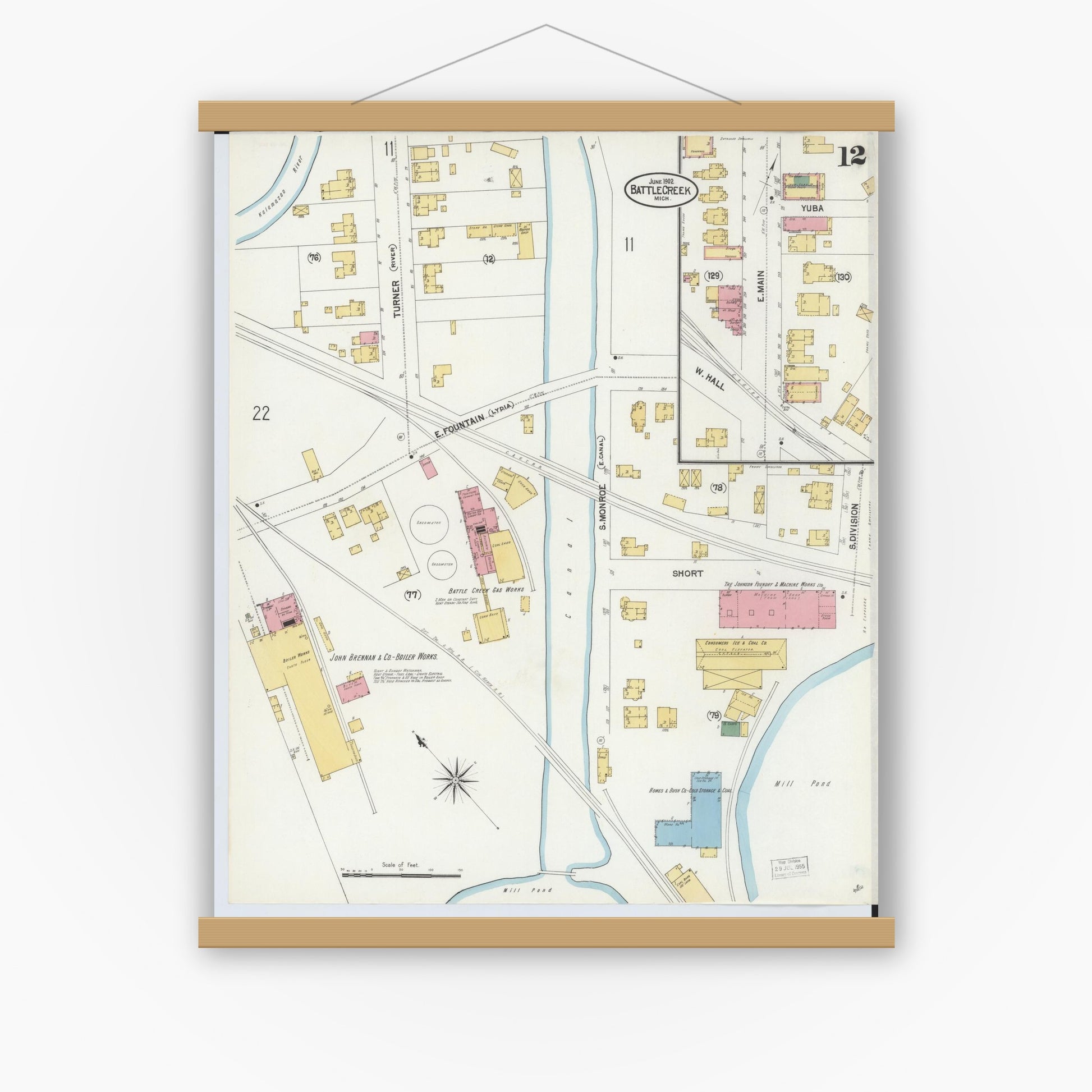 Old map wall art mockup — magnetic wood frame on white wall — Sanborn Fire Insurance Map from Battle Creek, Calhoun County, Michigan (1902), Sheet #0012