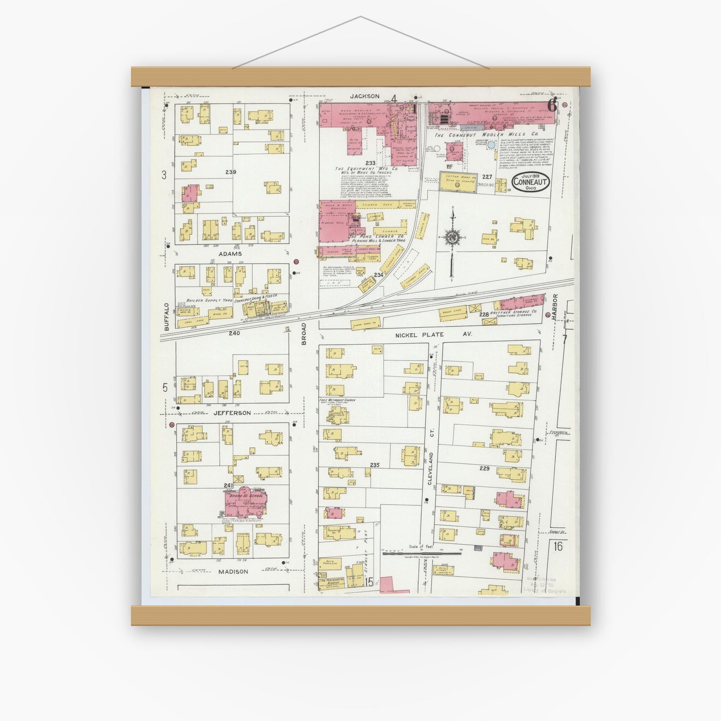 Old map wall art mockup — magnetic wood frame on white wall — Sanborn Fire Insurance Map from Conneaut, Ashtabula County, Ohio (1919), Sheet #0006