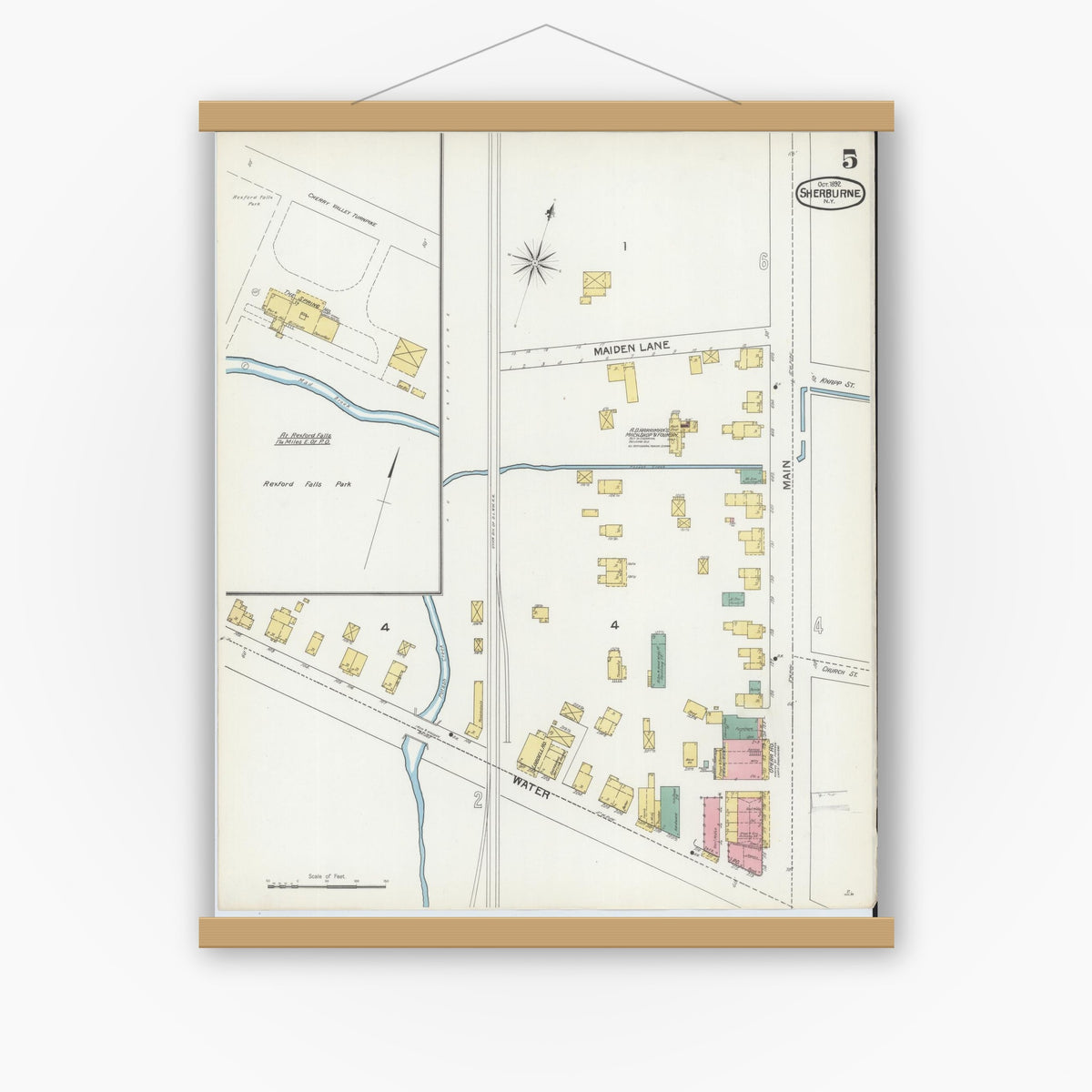 Old map wall art mockup — magnetic wood frame on white wall — Sanborn Fire Insurance Map from Sherburne, Chenango County, New York (1892), Sheet #0005