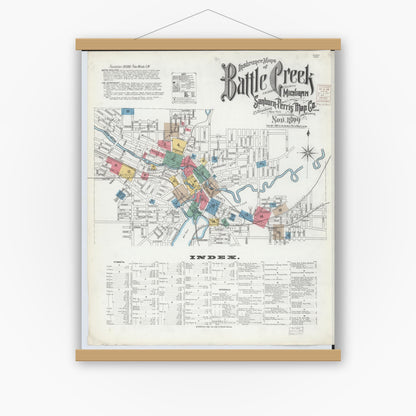 Old map wall art mockup — magnetic wood frame on white wall — Sanborn Fire Insurance Map from Battle Creek, Calhoun County, Michigan (1899), Sheet #0001