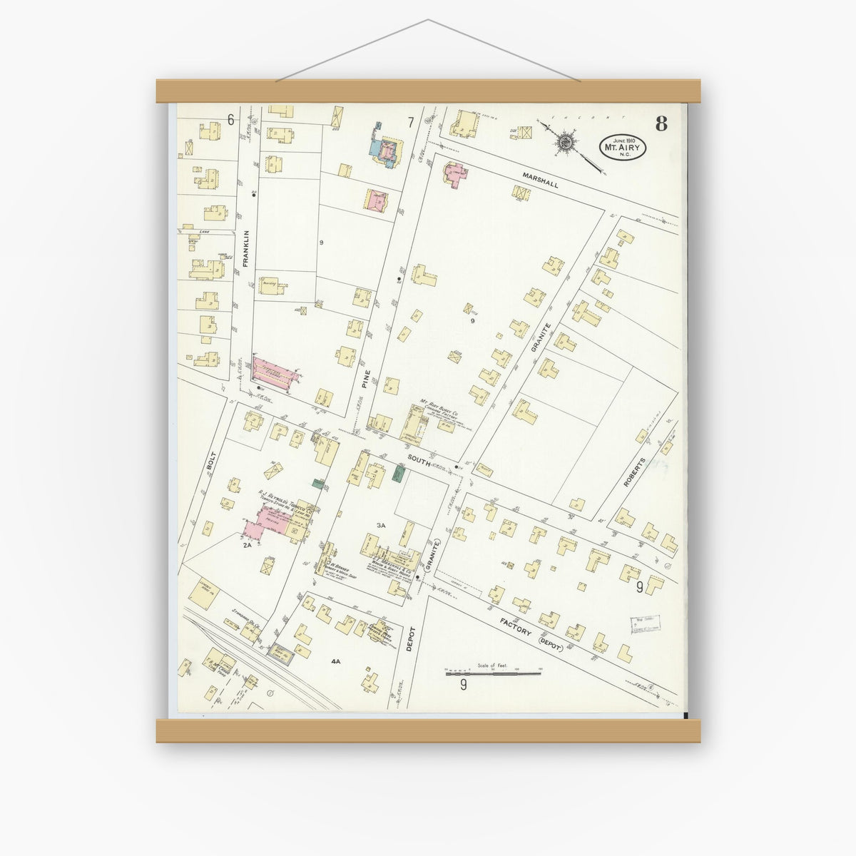 Old map wall art mockup — magnetic wood frame on white wall — Sanborn Fire Insurance Map from Mount Airy, Surry County, North Carolina (1910), Sheet #0008