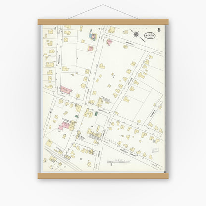 Old map wall art mockup — magnetic wood frame on white wall — Sanborn Fire Insurance Map from Mount Airy, Surry County, North Carolina (1910), Sheet #0008
