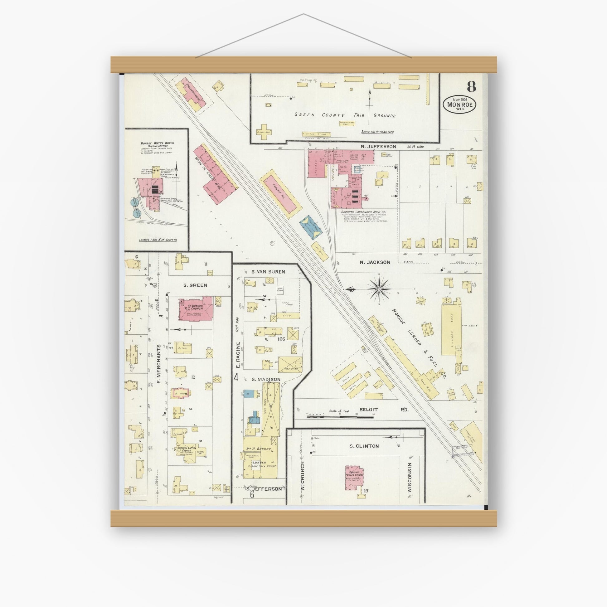 Old map wall art mockup — magnetic wood frame on white wall — Sanborn Fire Insurance Map from Monroe, Green County, Wisconsin (1908), Sheet #0008