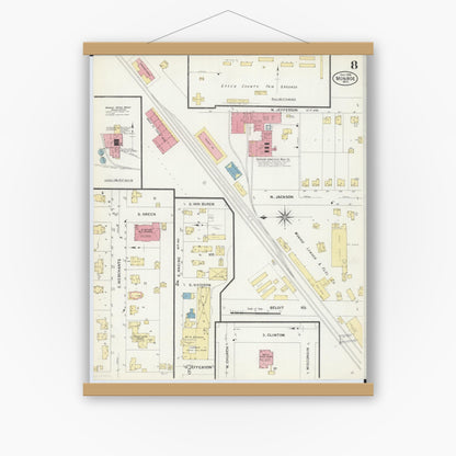Old map wall art mockup — magnetic wood frame on white wall — Sanborn Fire Insurance Map from Monroe, Green County, Wisconsin (1908), Sheet #0008