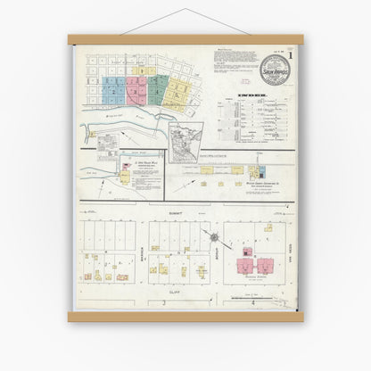 Old map wall art mockup — magnetic wood frame on white wall — Sanborn Fire Insurance Map from Sauk Rapids, Benton County, Minnesota (1912) - Complete Map Set