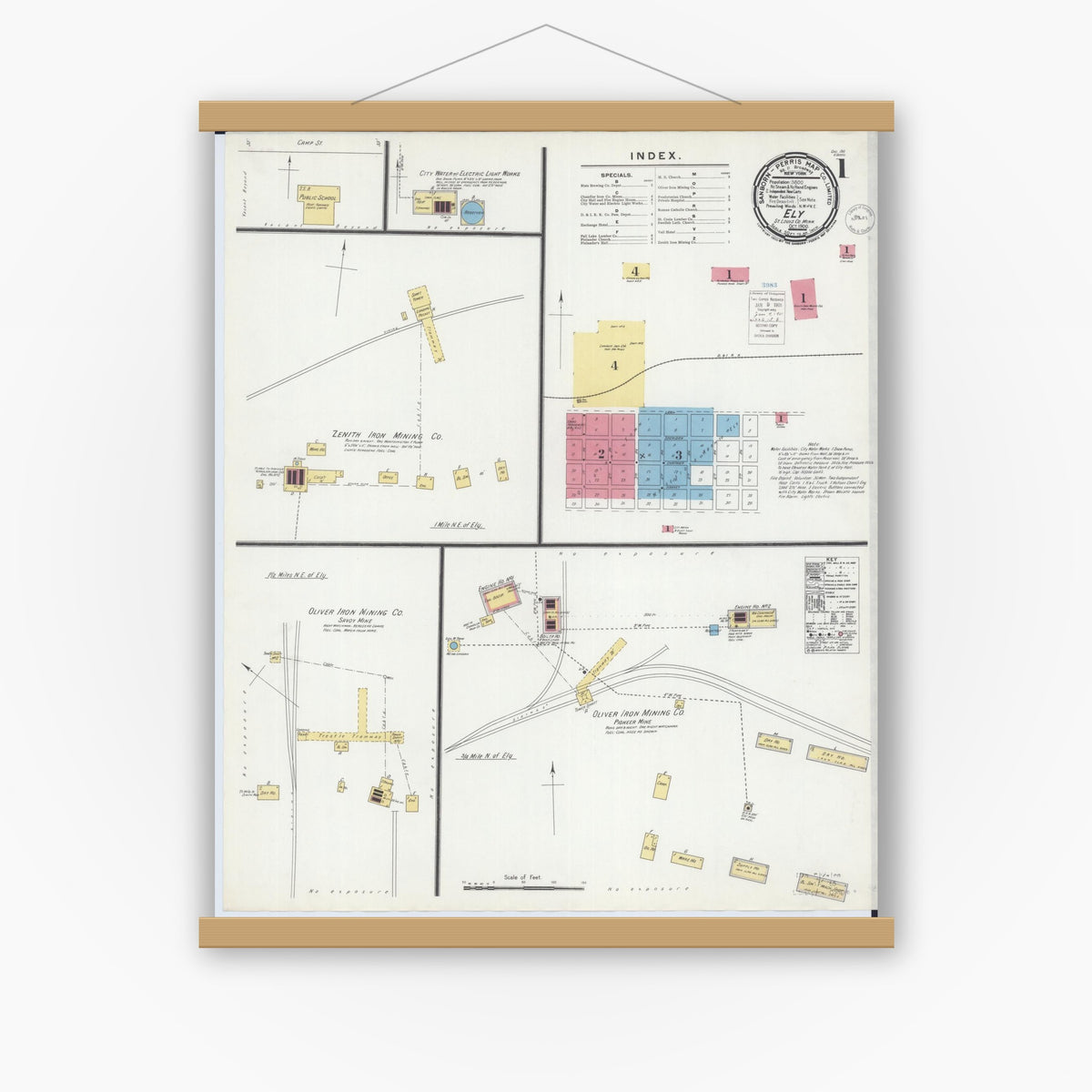 Old map wall art mockup — magnetic wood frame on white wall — Sanborn Fire Insurance Map from Ely, Saint Louis County, Minnesota (1900), Sheet #0001