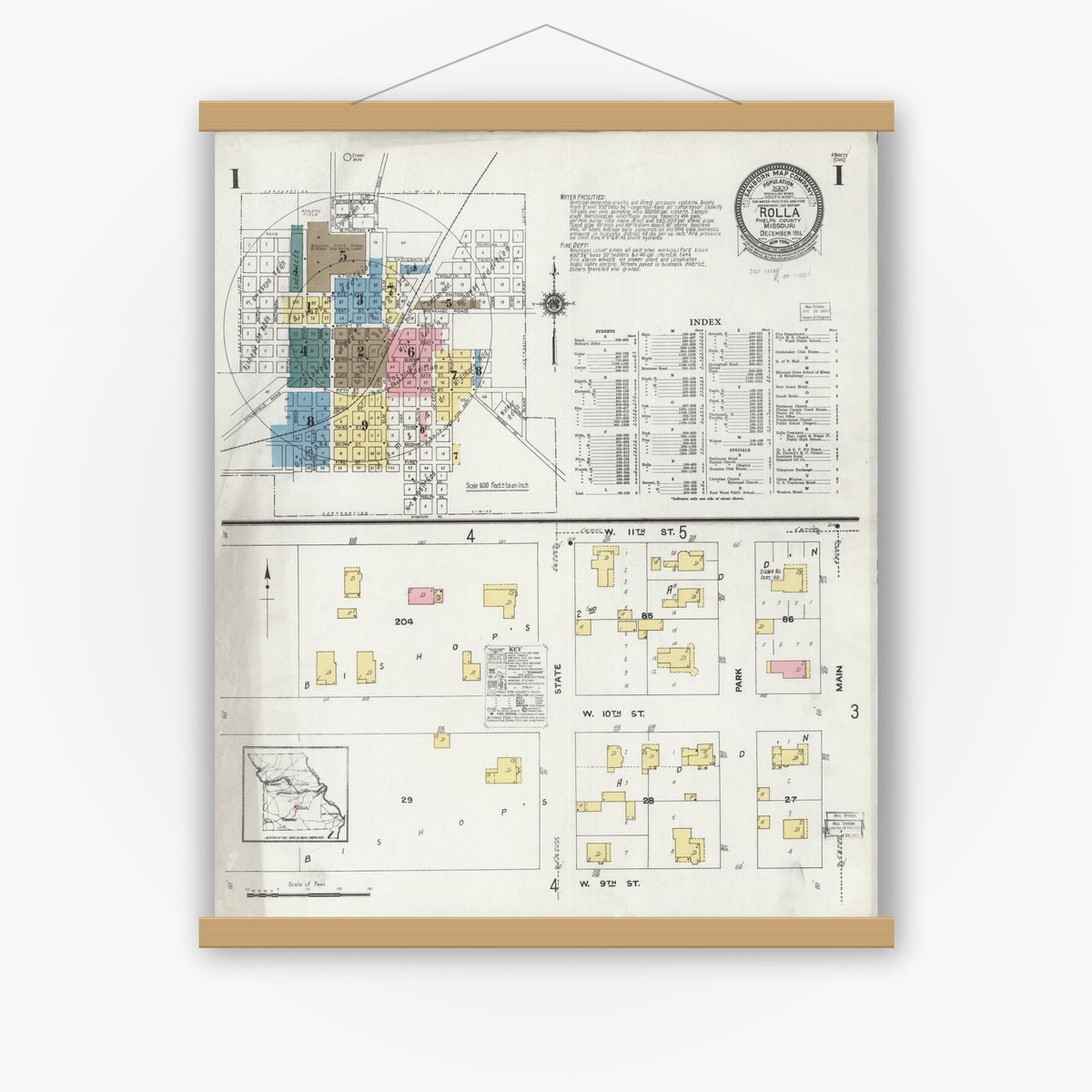 Old map wall art mockup — magnetic wood frame on white wall — Sanborn Fire Insurance Map from Rolla, Phelps County, Missouri (1924) - Complete Map Set