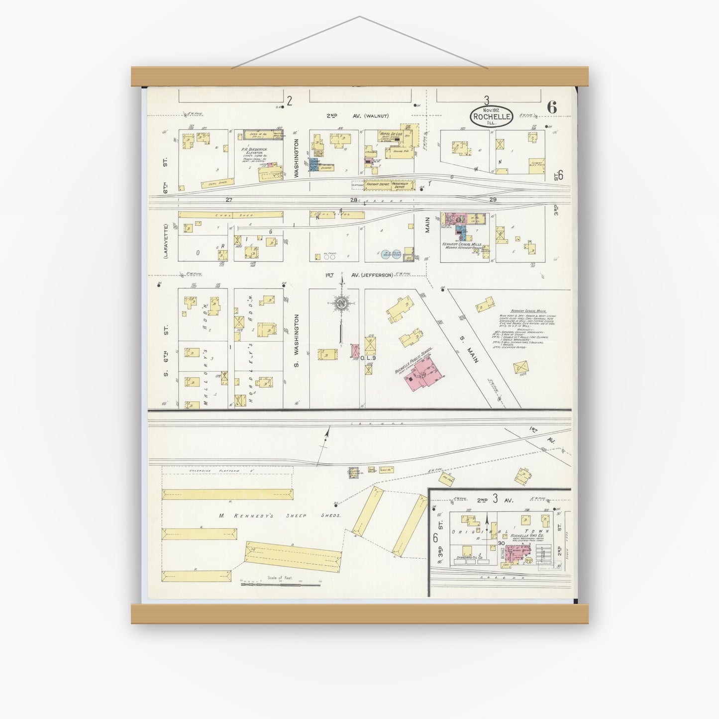 Old map wall art mockup — magnetic wood frame on white wall — Sanborn Fire Insurance Map from Rochelle, Ogle County, Illinois (1912), Sheet #0006
