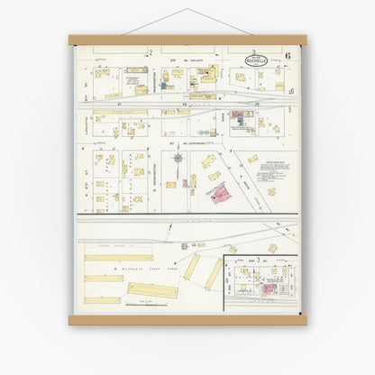 Old map wall art mockup — magnetic wood frame on white wall — Sanborn Fire Insurance Map from Rochelle, Ogle County, Illinois (1912), Sheet #0006