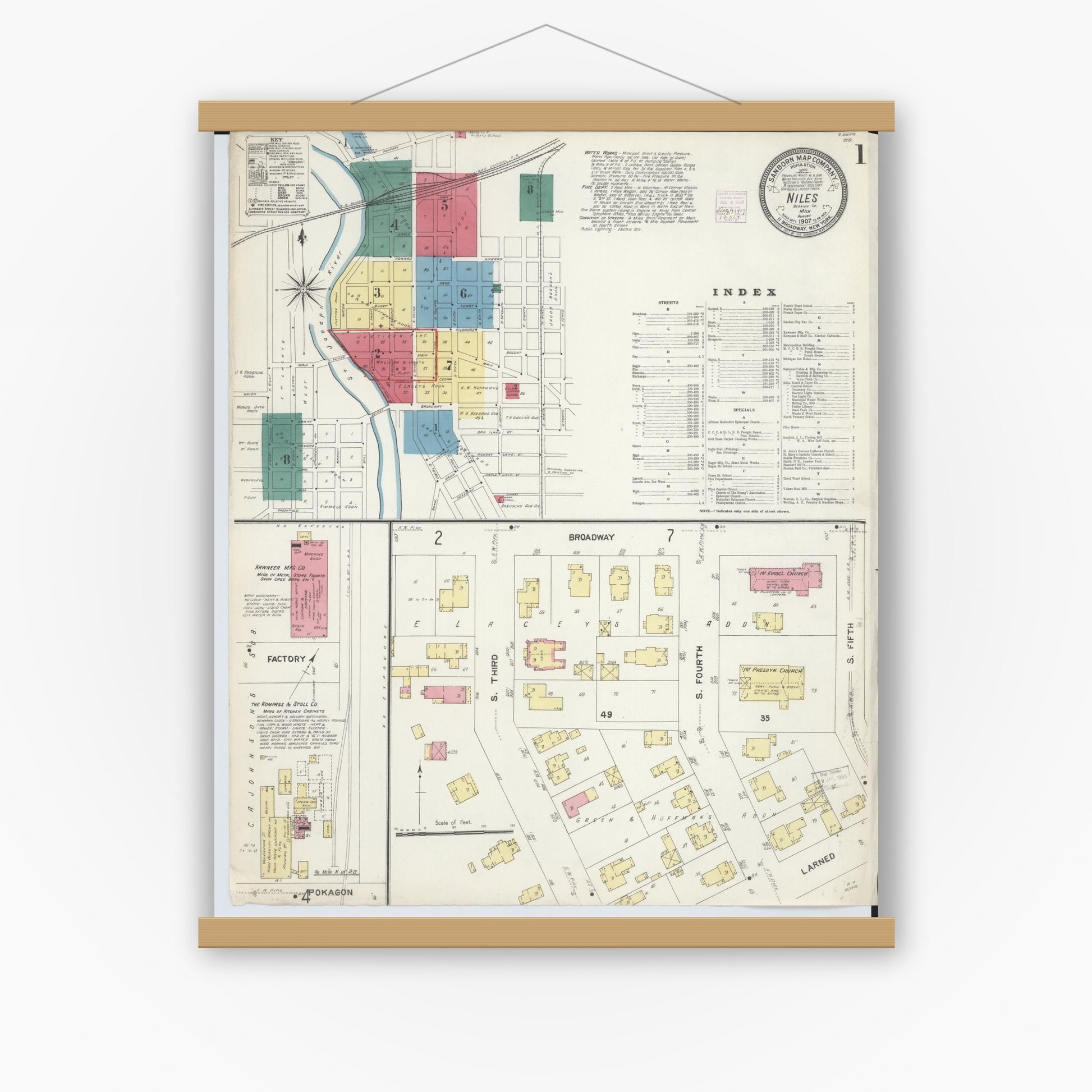 Old map wall art mockup — magnetic wood frame on white wall — Sanborn Fire Insurance Map from Niles, Berrien County, Michigan (1907) - Complete Map Set