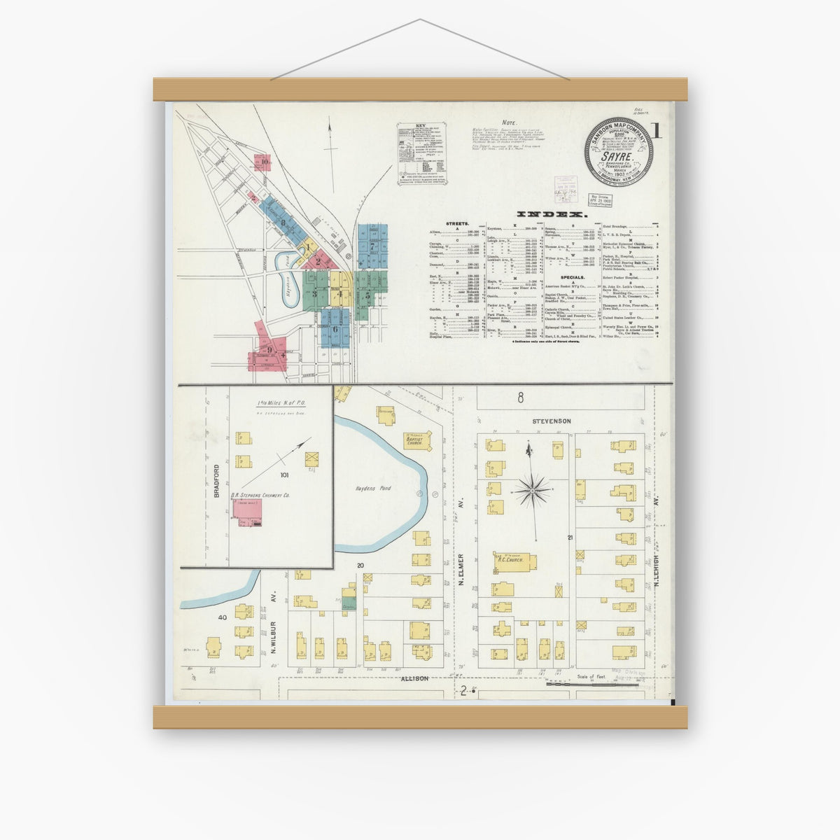 Old map wall art mockup — magnetic wood frame on white wall — Sanborn Fire Insurance Map from Sayre, Bradford County, Pennsylvania (1903) - Complete Map Set