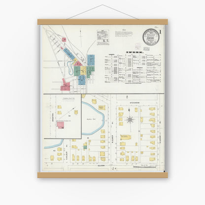 Old map wall art mockup — magnetic wood frame on white wall — Sanborn Fire Insurance Map from Sayre, Bradford County, Pennsylvania (1903) - Complete Map Set