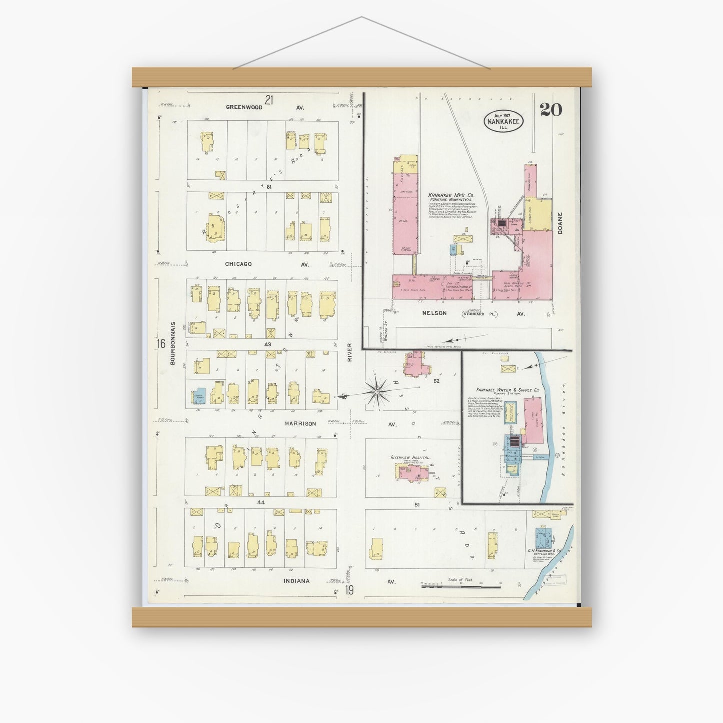 Old map wall art mockup — magnetic wood frame on white wall — Sanborn Fire Insurance Map from Kankakee, Kankakee County, Illinois (1907), Sheet #0020