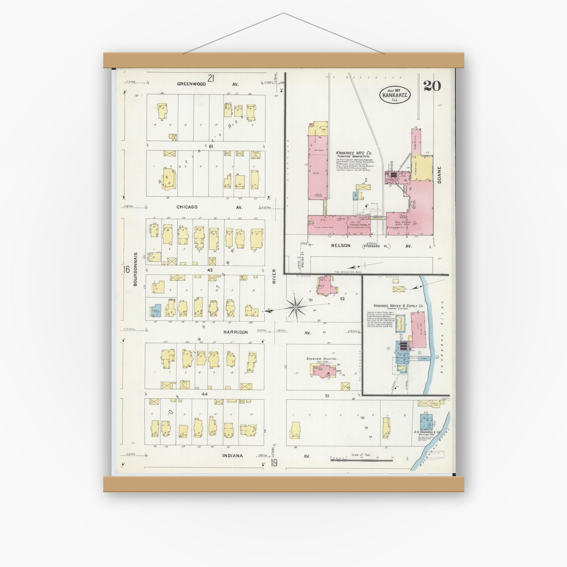 Old map wall art mockup — magnetic wood frame on white wall — Sanborn Fire Insurance Map from Kankakee, Kankakee County, Illinois (1907), Sheet #0020