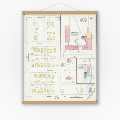 Old map wall art mockup — magnetic wood frame on white wall — Sanborn Fire Insurance Map from Kankakee, Kankakee County, Illinois (1907), Sheet #0020