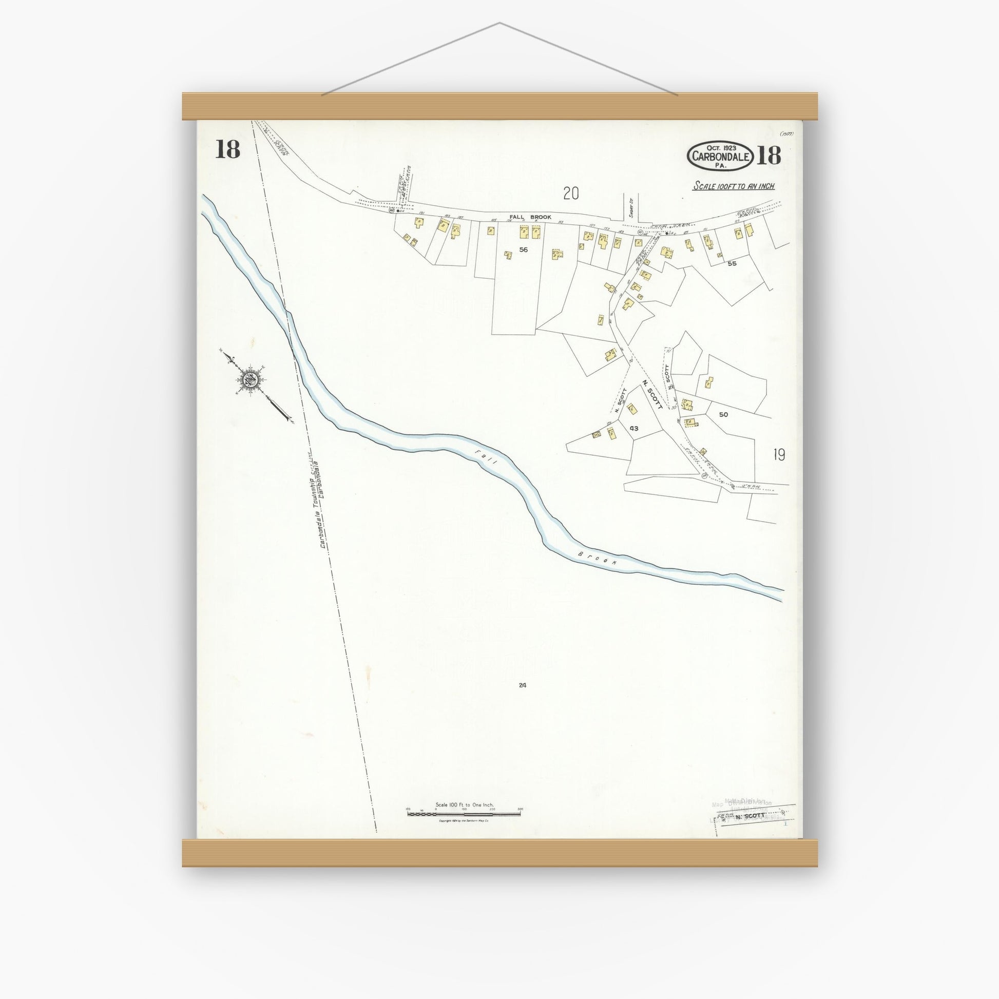 Old map wall art mockup — magnetic wood frame on white wall — Sanborn Fire Insurance Map from Carbondale, Lackawanna County, Pennsylvania (1923), Sheet #0018