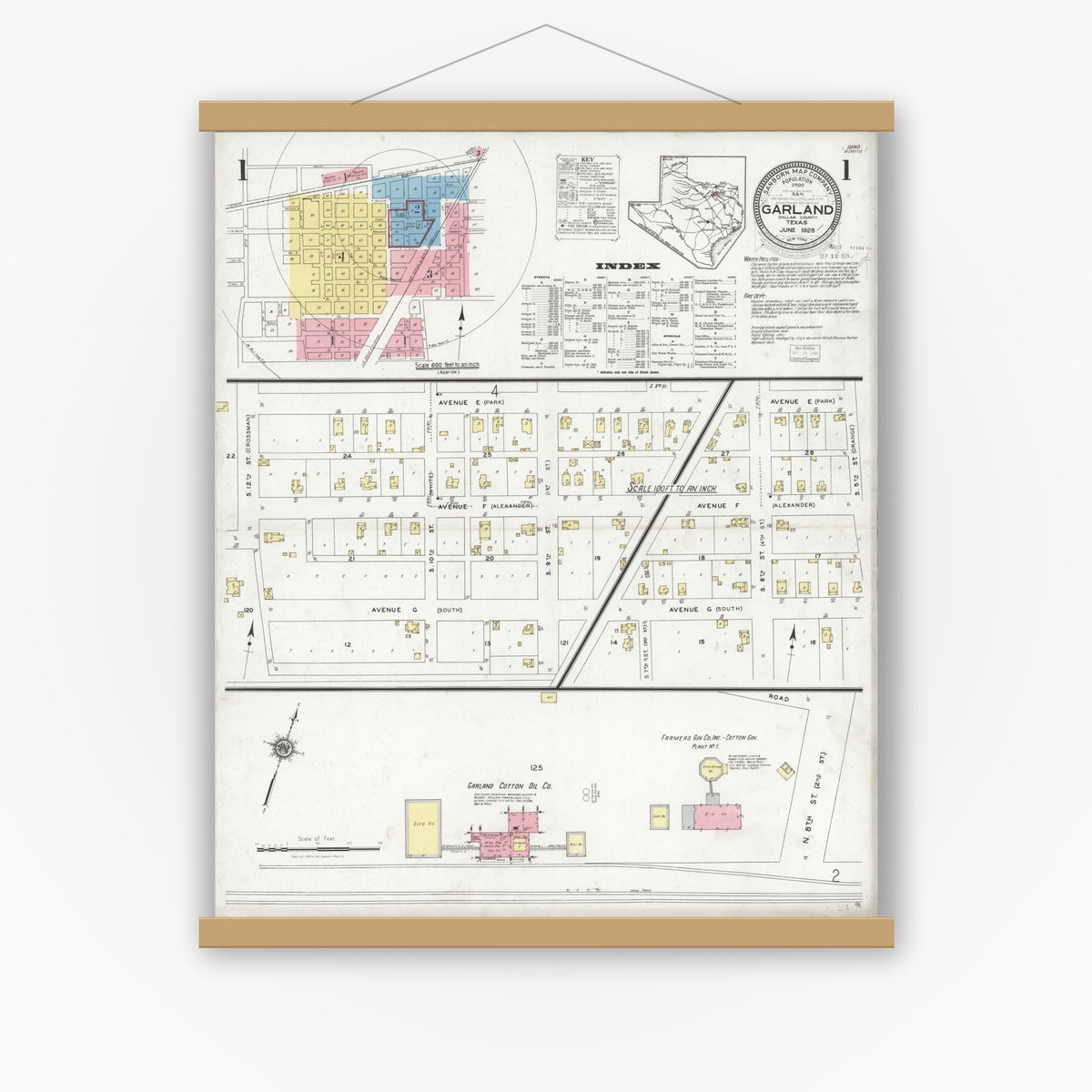 Old map wall art mockup — magnetic wood frame on white wall — Sanborn Fire Insurance Map from Garland, Dallas County, Texas (1928) - Complete Map Set