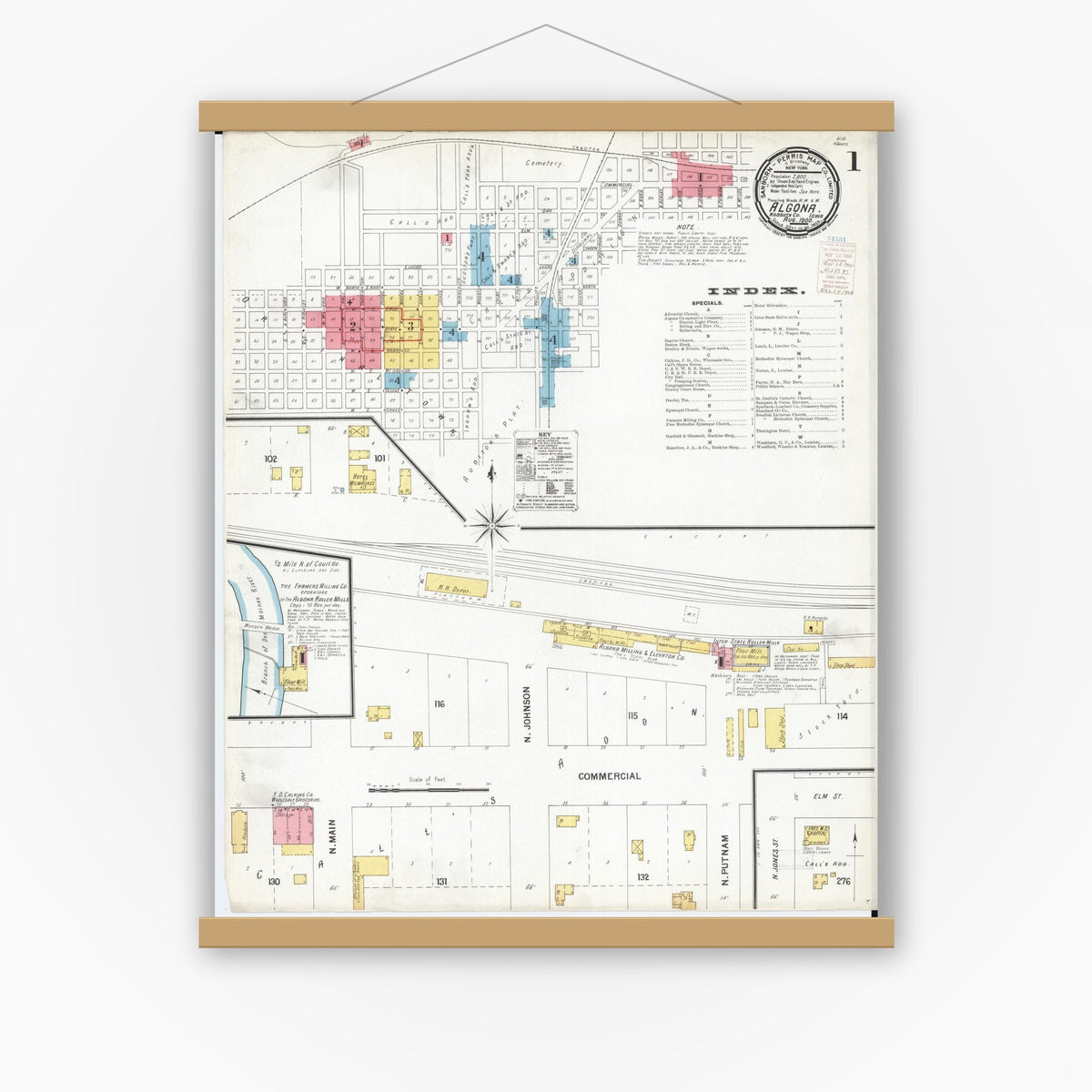Old map wall art mockup — magnetic wood frame on white wall — Sanborn Fire Insurance Map from Algona, Kossuth County, Iowa (1900) â€” Complete Set