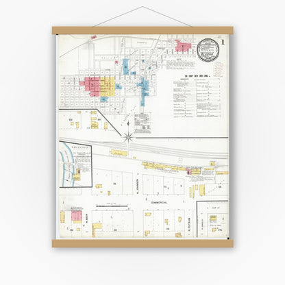 Old map wall art mockup — magnetic wood frame on white wall — Sanborn Fire Insurance Map from Algona, Kossuth County, Iowa (1900) â€” Complete Set