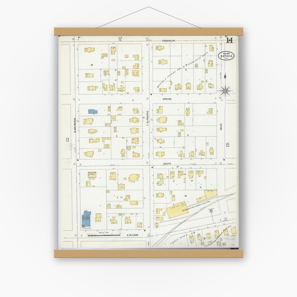 Old map wall art mockup — magnetic wood frame on white wall — Sanborn Fire Insurance Map from Batavia, Kane County, Illinois (1907), Sheet #0014