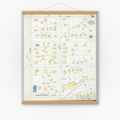 Old map wall art mockup — magnetic wood frame on white wall — Sanborn Fire Insurance Map from Batavia, Kane County, Illinois (1907), Sheet #0014
