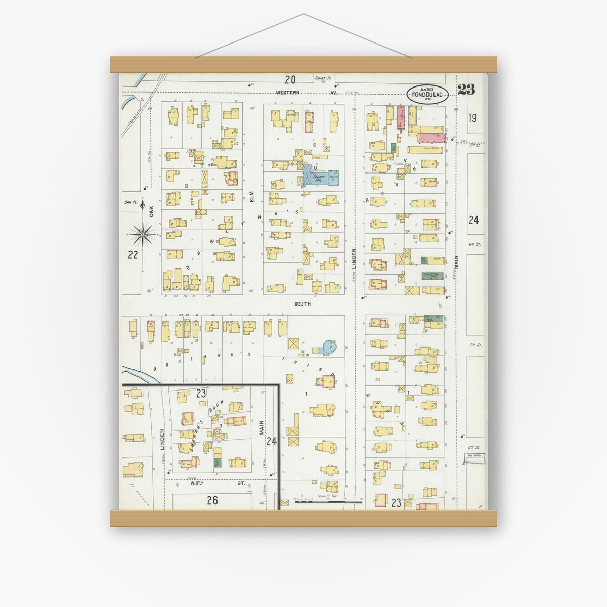 Old map wall art mockup — magnetic wood frame on white wall — Sanborn Fire Insurance Map from Fond du Lac, Fond du Lac County, Wisconsin (1902), Sheet #0023