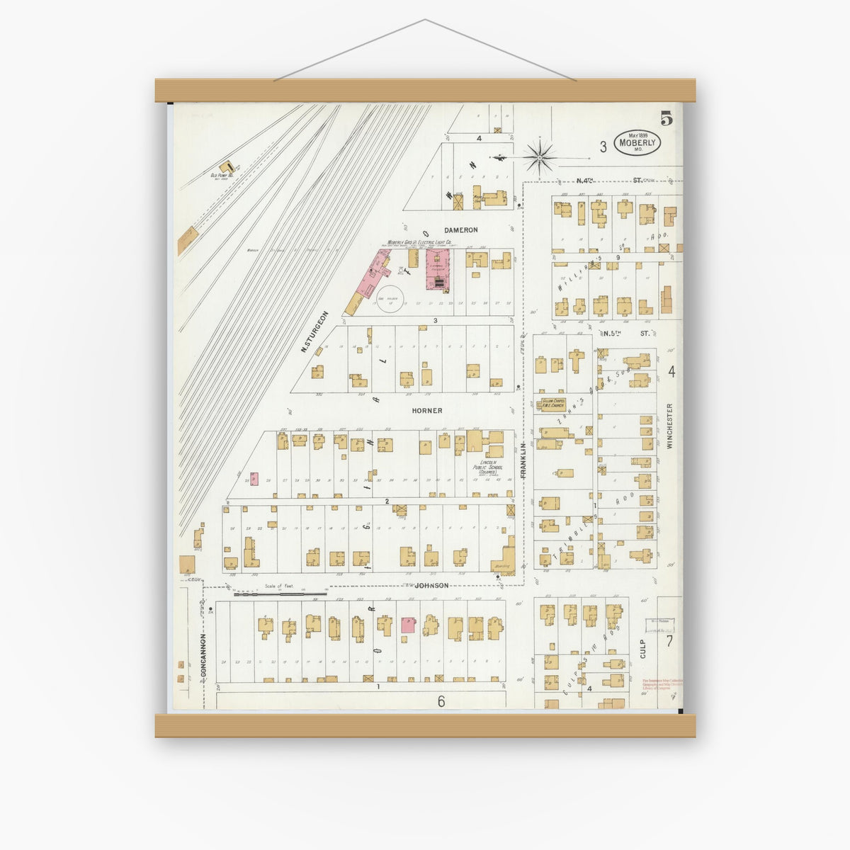 Old map wall art mockup — magnetic wood frame on white wall — Sanborn Fire Insurance Map from Moberly, Randolph County, Missouri (1899), Sheet #0005