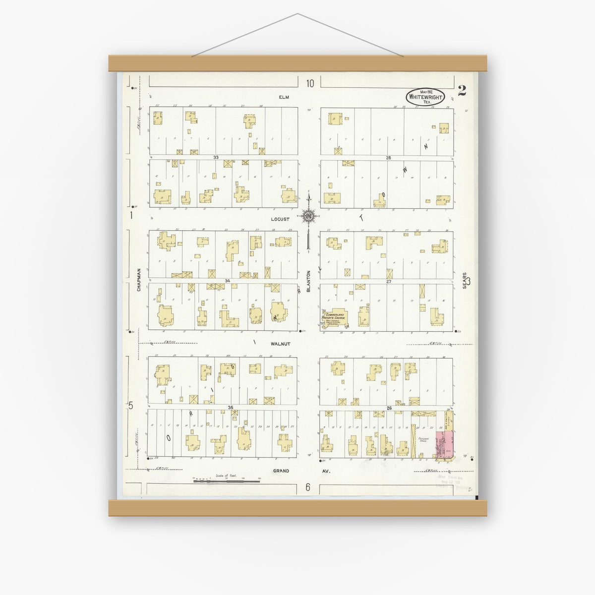 Old map wall art mockup — magnetic wood frame on white wall — Sanborn Fire Insurance Map from Whitewright, Grayson County, Texas (1912), Sheet #0002