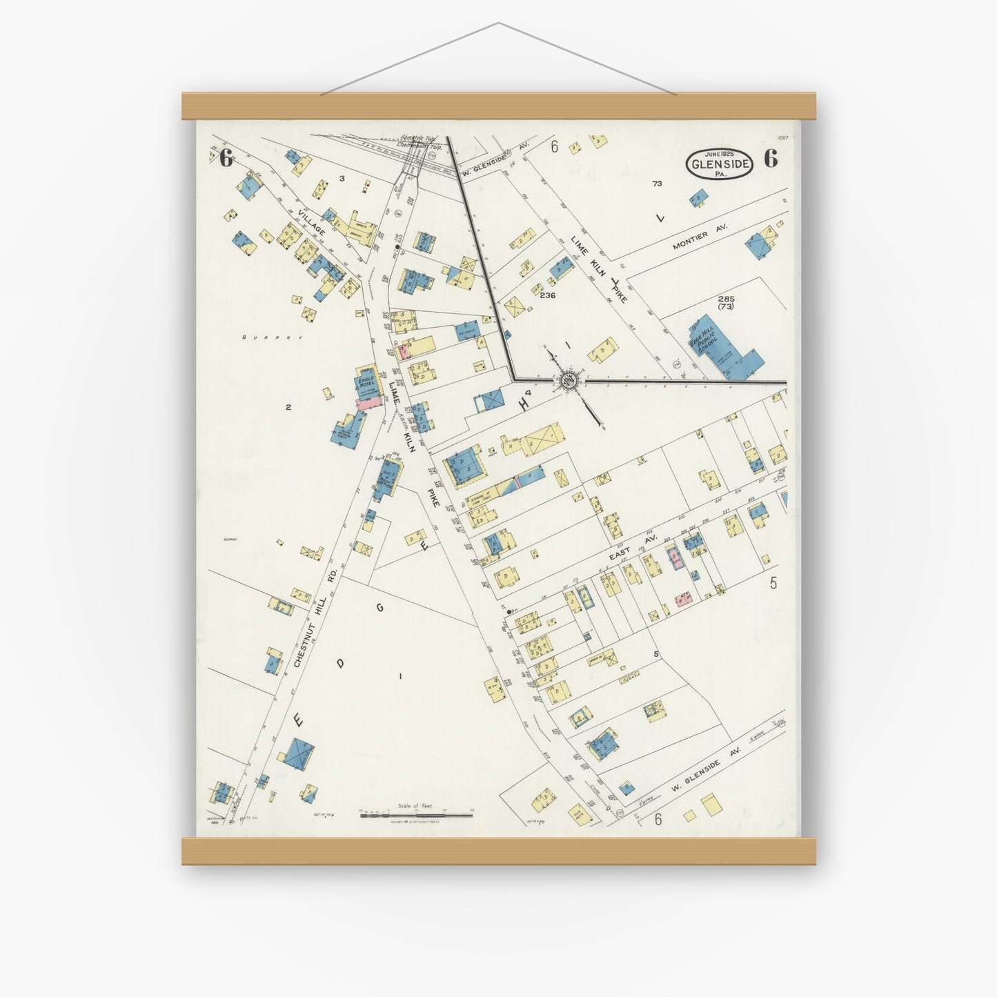 Old map wall art mockup — magnetic wood frame on white wall — Sanborn Fire Insurance Map from Glenside, Montgomery County, Pennsylvania (1925), Sheet #0006