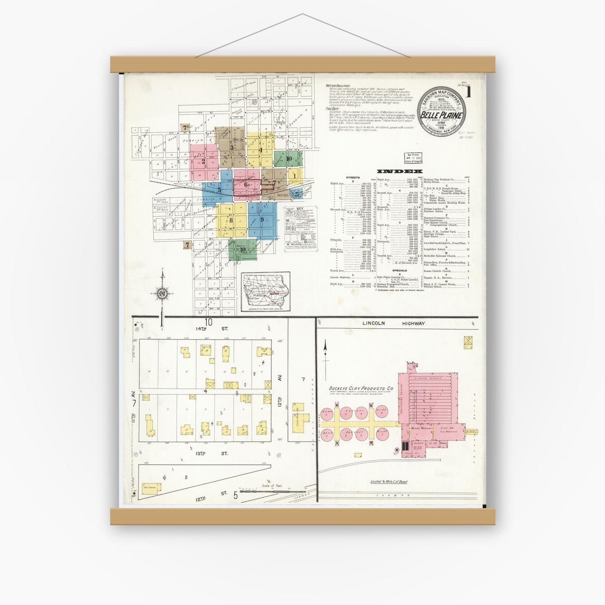 Old map wall art mockup — magnetic wood frame on white wall — Sanborn Fire Insurance Map from Belle Plaine, Benton County, Iowa (1916) â€” Complete Set