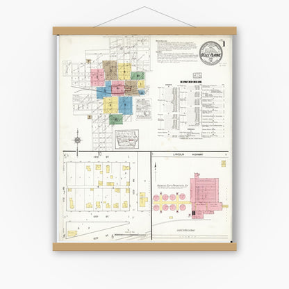Old map wall art mockup — magnetic wood frame on white wall — Sanborn Fire Insurance Map from Belle Plaine, Benton County, Iowa (1916) â€” Complete Set