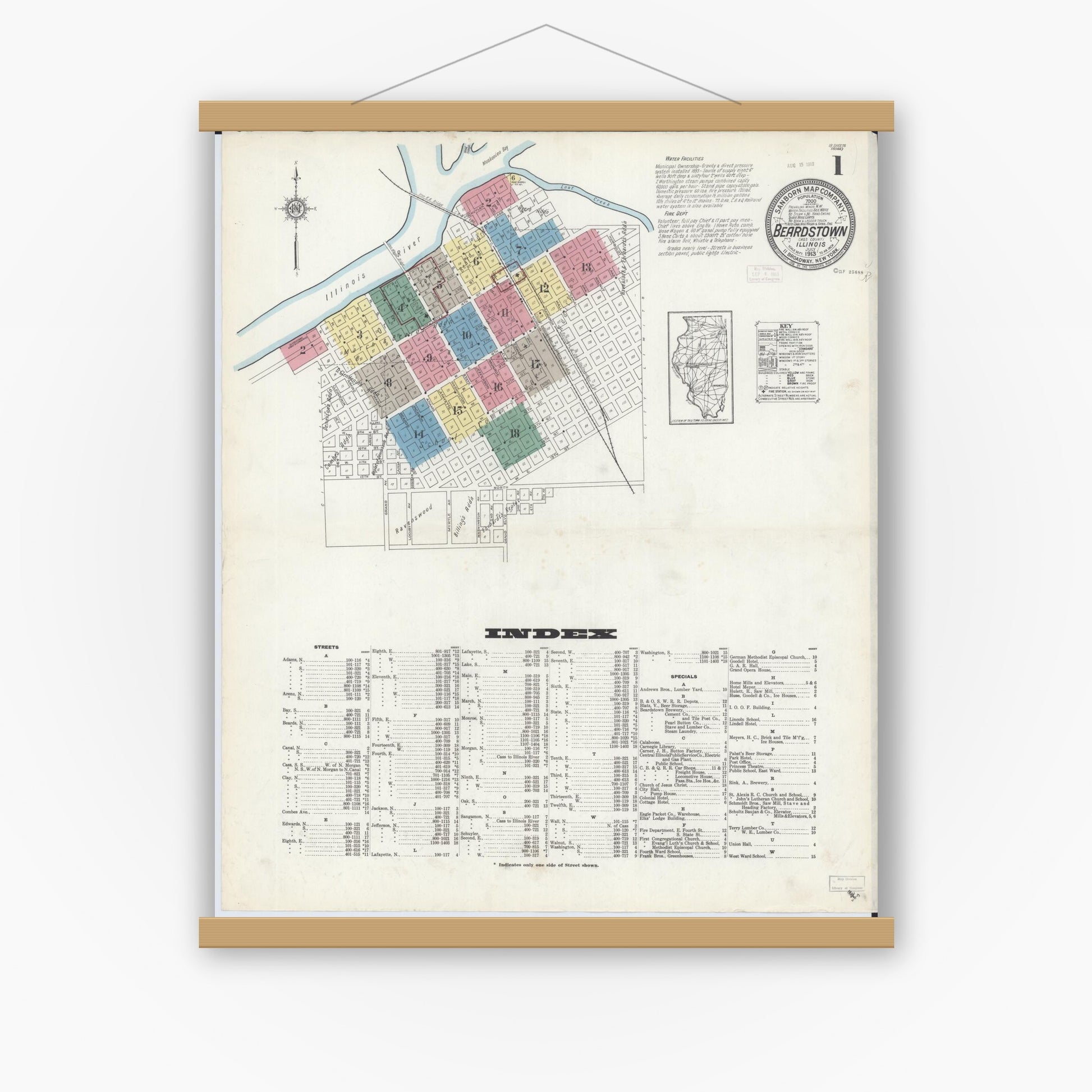 Old map wall art mockup — magnetic wood frame on white wall — Sanborn Fire Insurance Map from Beardstown, Cass County, Illinois (1913) - Complete Map Set