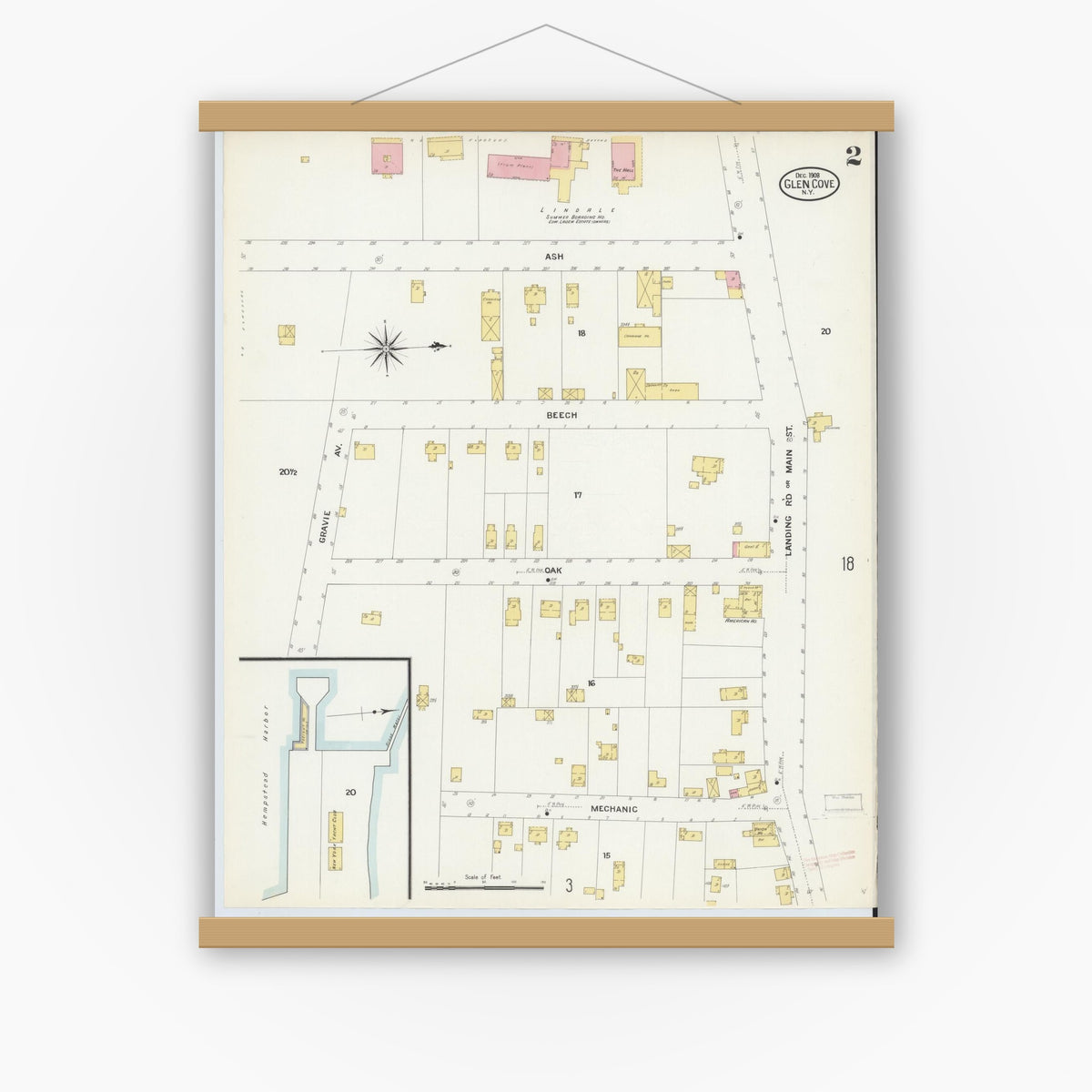 Old map wall art mockup — magnetic wood frame on white wall — Sanborn Fire Insurance Map from Glen Cove, Nassau County, New York (1908) - Complete Map Set