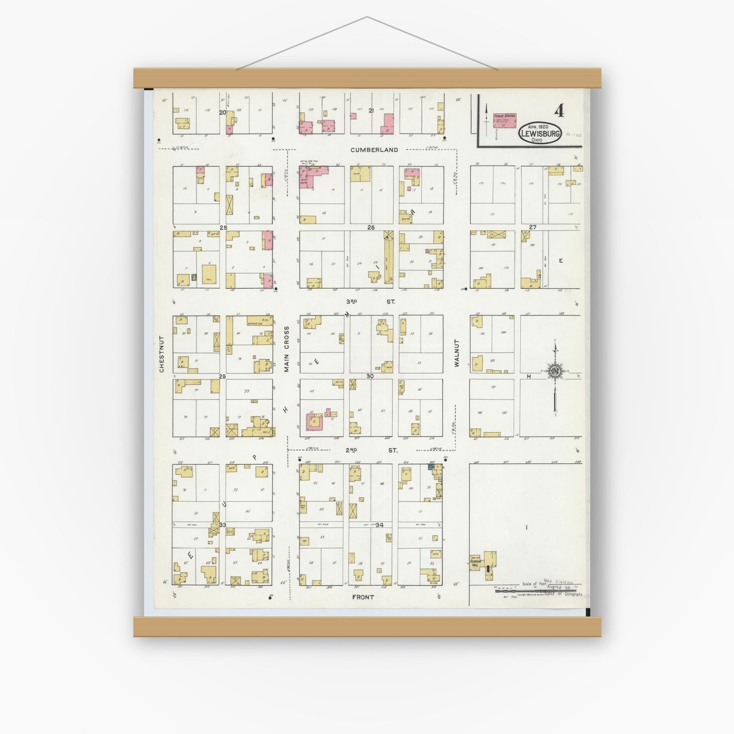 Old map wall art mockup — magnetic wood frame on white wall — Sanborn Fire Insurance Map from Lewisburg, Preble County, Ohio (1920), Sheet #0004