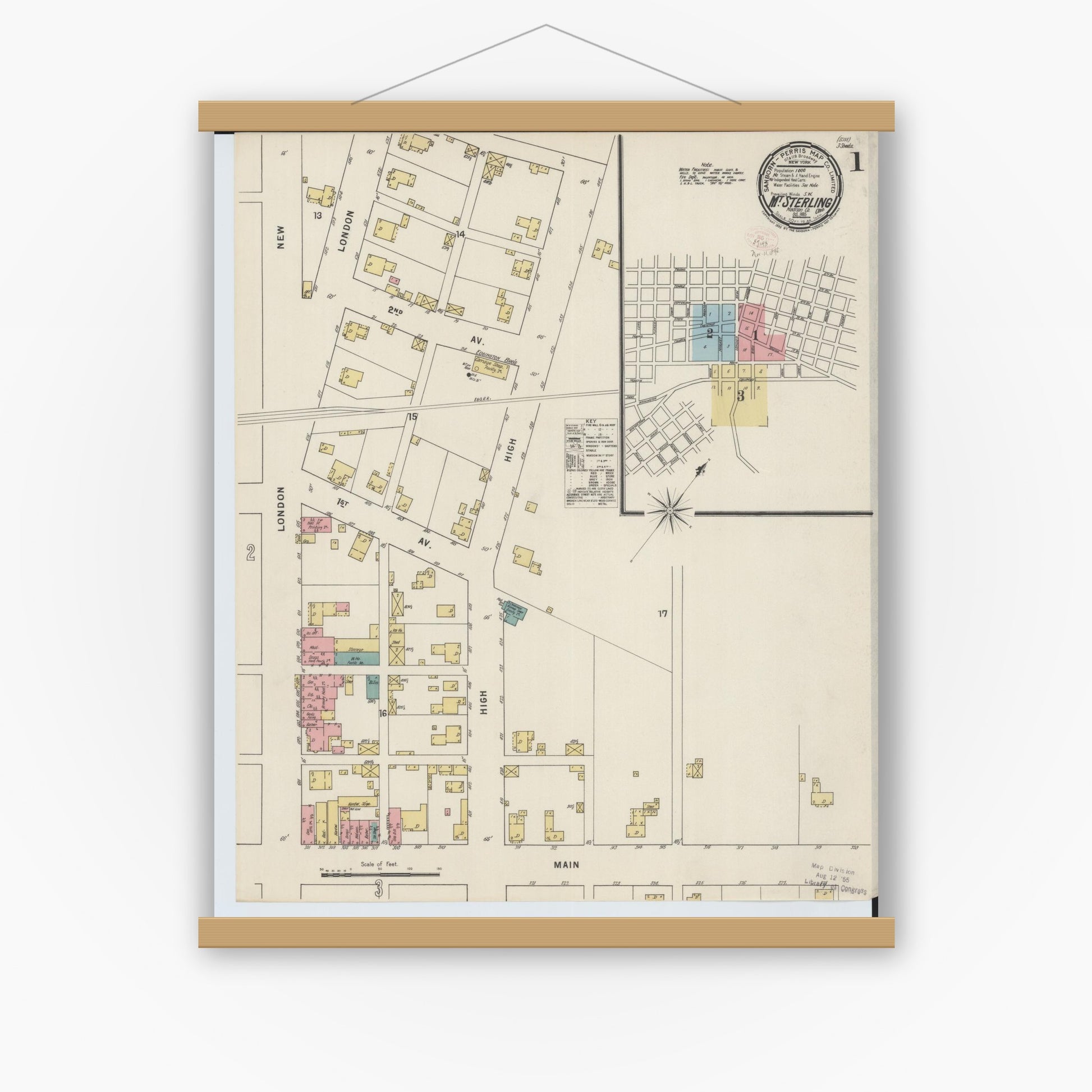 Old map wall art mockup — magnetic wood frame on white wall — Sanborn Fire Insurance Map from Mount Sterling, Madison County, Ohio (1895), Sheet #0001