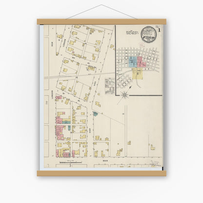 Old map wall art mockup — magnetic wood frame on white wall — Sanborn Fire Insurance Map from Mount Sterling, Madison County, Ohio (1895), Sheet #0001