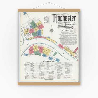 Old map wall art mockup — magnetic wood frame on white wall — Sanborn Fire Insurance Map from Rochester, Beaver County, Pennsylvania (1903) - Complete Map Set