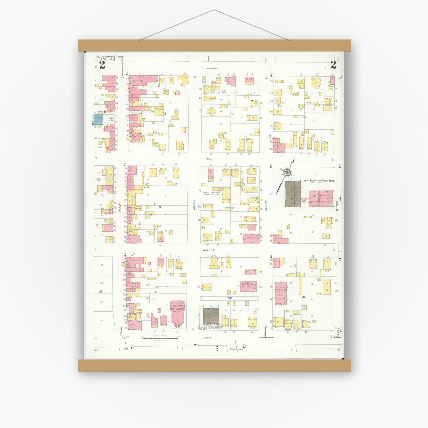 Old map wall art mockup — magnetic wood frame on white wall — Sanborn Fire Insurance Map from New Richmond, Clermont County, Ohio (1933), Sheet #0002