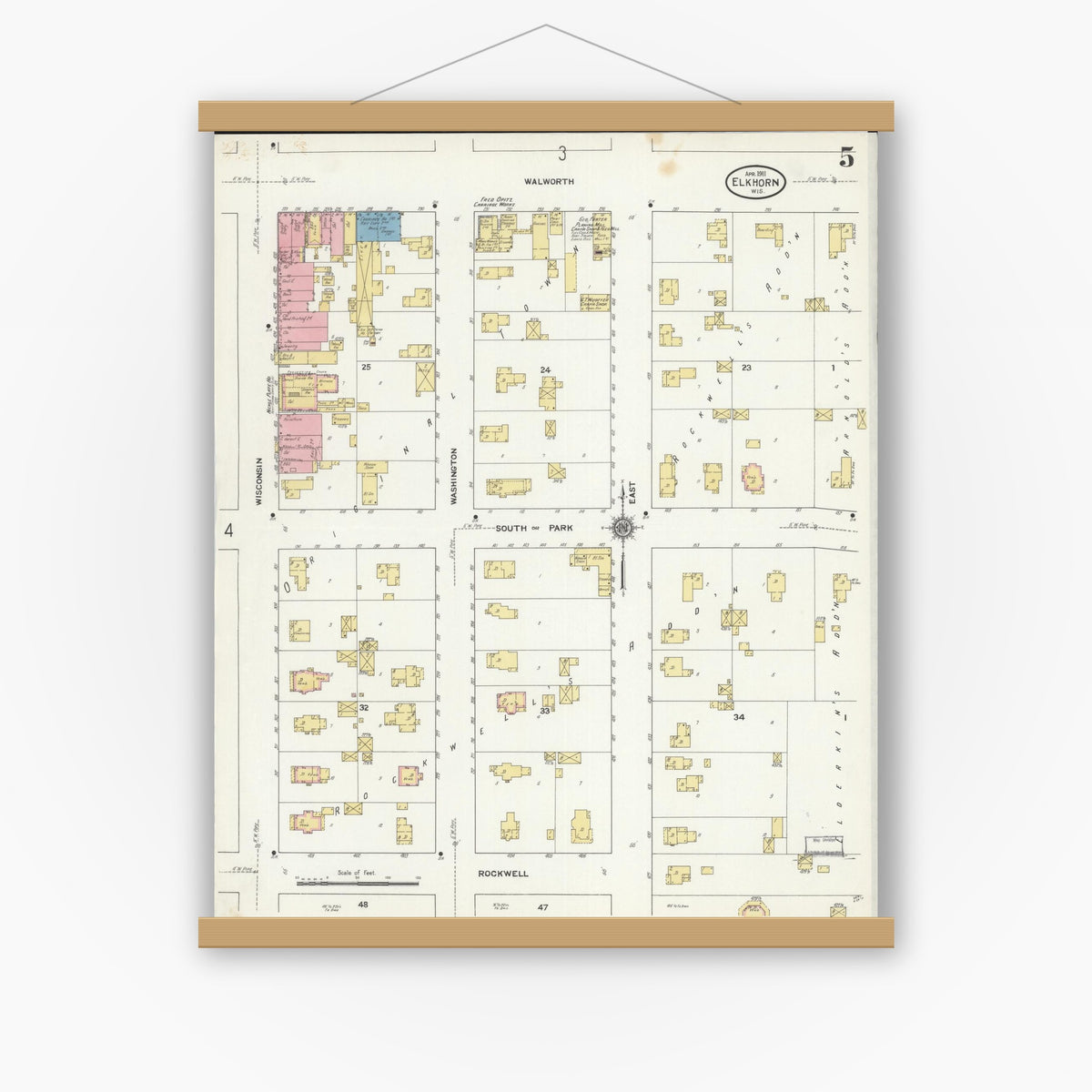 Old map wall art mockup — magnetic wood frame on white wall — Sanborn Fire Insurance Map from Elkhorn, Walworth County, Wisconsin (1911), Sheet #0005